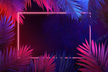 Vibrant pink and blue tropical palm leaves surround a glowing rectangular neon frame against a dark background, creating a vibrant, tropical, and modern aesthetic