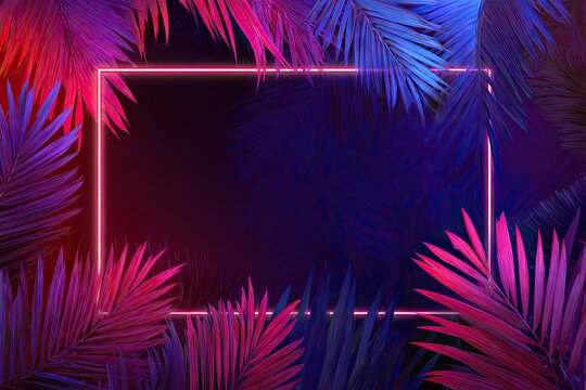 Vibrant pink and blue tropical palm leaves surround a glowing rectangular neon frame against a dark background, creating a vibrant, tropical, and modern aesthetic