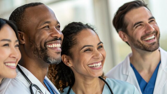 Close Up of Happy Diverse Doctors Smiling Together Suitable for Inclusive Healthcare Visual Campaigns - Powered by Adobe