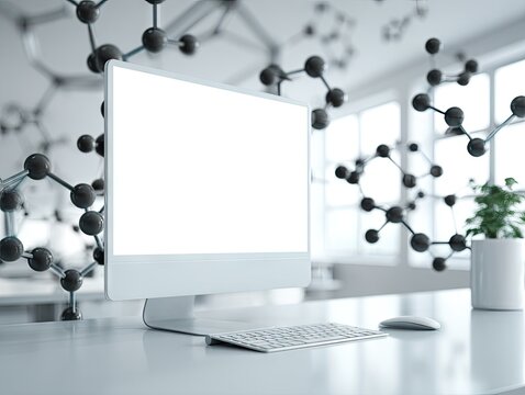 White desktop computer with blank screen sits on a clean white desk in a bright room,  surrounded by 3D molecular models