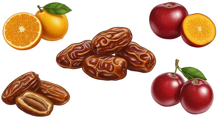 Illustration of Fresh Dates Oranges and Apples on Transparent Background