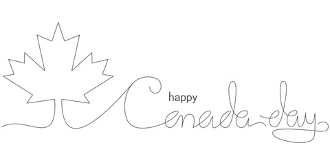 Fototapeta premium continuous line vector design illustration of canadian flag symbol and happy canada day writing, for canada day