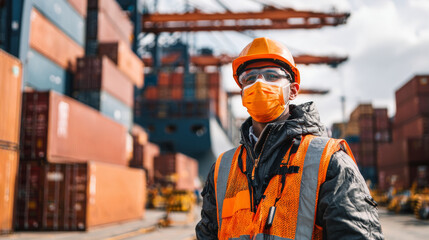 Cargo port worker wearing safety gear, including helmet and mask, stands confidently among shipping containers, ensuring safety and efficiency