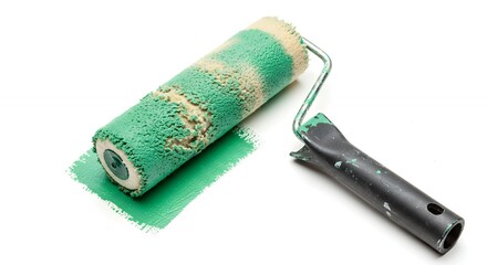 Dirty paint roller against white background