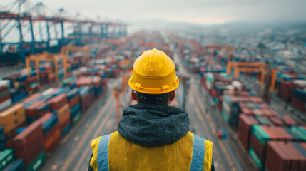 Construction worker safety vest and hard hat observes busy shipping port filled with colorful containers. scene conveys sense of diligence