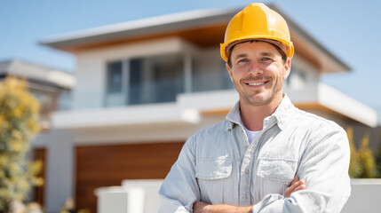 Portrait of smiling construction worker wearing yellow hard hat, standing confidently in front of modern house, showcasing pride in his work
