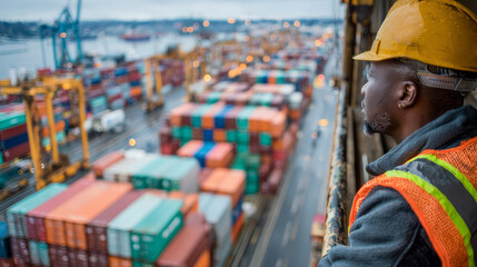 Worker in safety vest and helmet observes busy shipping port filled with colorful containers, showcasing bustling activity of logistics