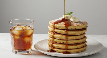 Golden Pancakes Drizzled with Syrup and Topped with Bananas, Served with Iced Tea