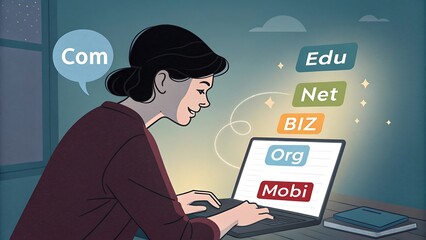 Woman using laptop to choose domain names like com edu net biz org and mobi for her website