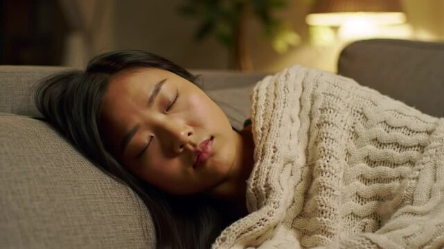 Serene slumber Asian woman rests on couch