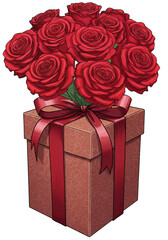 Illustration of Roses Bouquet in a Box with Red Ribbon on Transparent