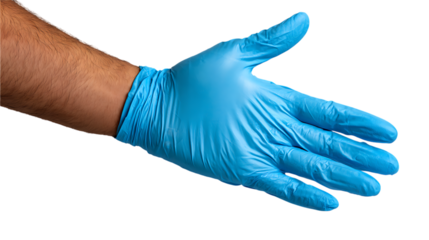 A human arm wearing a bright blue nitrile glove extends forward offering a handshake isolated on transparent background