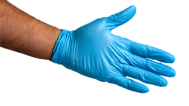 A human arm wearing a bright blue nitrile glove extends forward offering a handshake isolated on transparent background