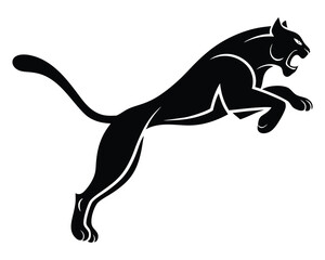 Black panther vector silhouette in aggressive leaping pose isolated on white background