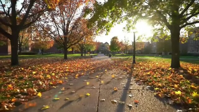 Vibrant autumn scene on a university campus with falling leaves and sunlight filtering through trees