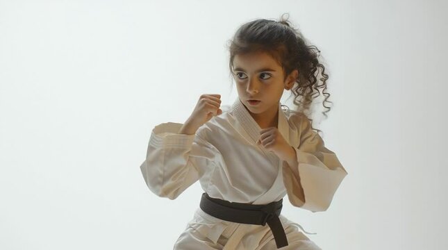Young Girl Practicing Karate with Determination and Focused Expression
