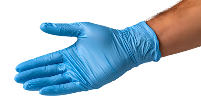 Close up of a person s hand wearing a blue nitrile medical glove extended for a handshake isolated on transparent background