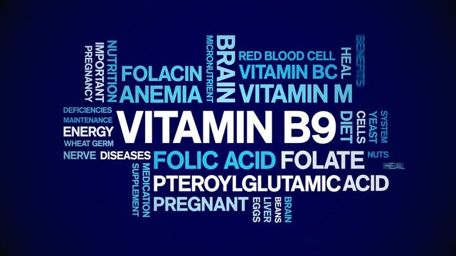 Vitamin B9 animated word cloud;Folic Acid text design animation tag kinetic typography seamless loop.