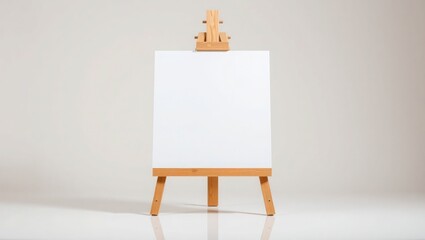 A blank white canvas is mounted on a wooden easel, centered against a plain background.