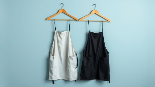 Two aprons, one white and one black, hang on wooden hangers against a blue wall.