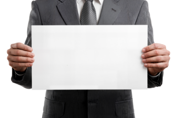 Businessman holding blank white sign for message or advertisement isolated on transparent background