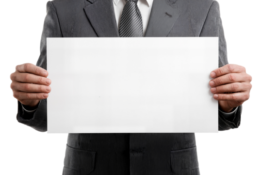 Businessman holding blank white sign for message or advertisement isolated on transparent background