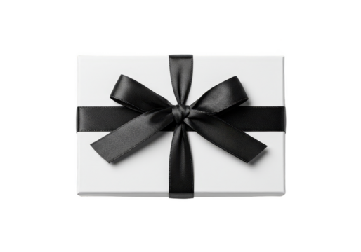 Isolated Gift Box with Black Ribbon Holiday Present on White