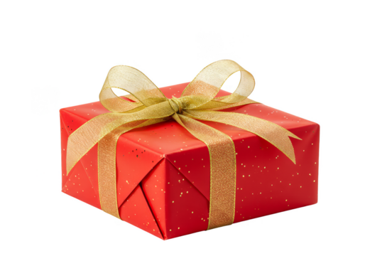 Isolated Gift Box with Red Wrapping and Golden Glitter Bow Png Background