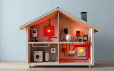 Gas fire alarm concept. Model of a house showcasing plumbing and electrical systems in detail.