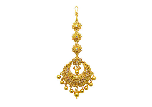Isolated Golden Maang Tikka Indian Wedding Ornament with Transparent Background