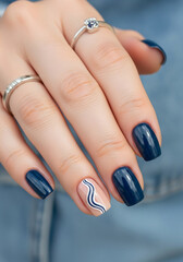 Fototapeta premium Elegant Navy Blue Nail Art Design With Abstract Waves