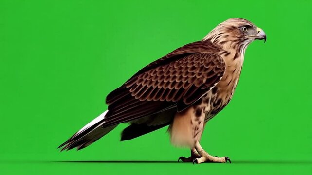 A brown and white hawk standing on a green screen looking directly at the camera in a studio setting green screen video