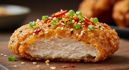 Fototapeta premium Crispy Golden Chicken Bites Topped with Zesty Chili and Sesame Seeds