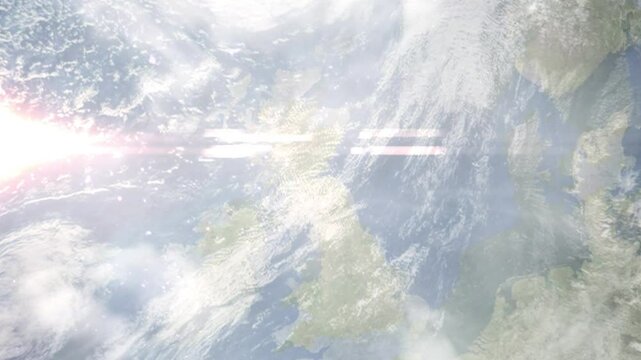 Earth zoom in from space and focus on Musselborough, Scotland, East Lothian, Great Britain. Background for travel intro or blog. Satellite view. 3D style Animation. Images from NASA.