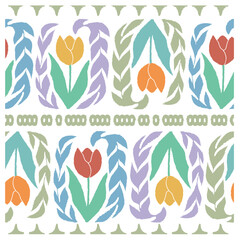Seamless pattern of tulips and leaf branches. Floral texture in pastel colors. Isolated on transparent background.
