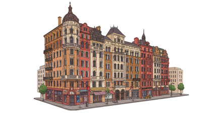 Isolated Illustration of Ornate Building Facade with Vintage Architecture
