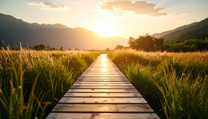 Fototapeta premium Wooden Boardwalk Through Green Meadow at Golden Sunset