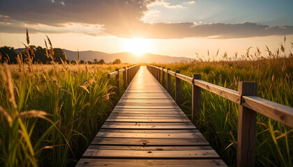 Obraz premium Wooden Pathway Through Grassy Field at Sunset with Warm Light