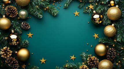 Festive decorations featuring gold ornaments, pinecones, and lush evergreen branches create a beautifully elegant frame for the Christmas season, perfect for holiday-themed designs or invitations.