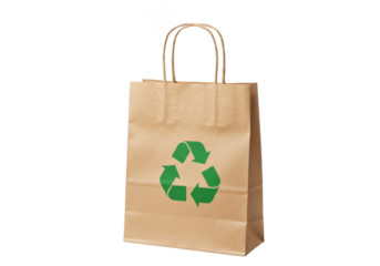 Isolated Paper Bag with Green Recycle Logo on Transparent Background