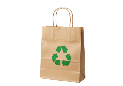 Isolated Paper Bag with Green Recycle Logo on Transparent Background