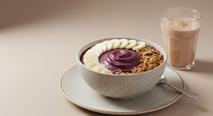 Indulge in a vibrant Acai bowl topped with banana slices and granola, paired with a refreshing chocolate milk drink.