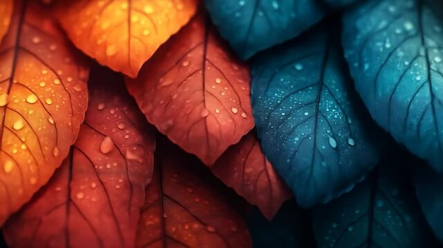 Autumnal Contrast: A captivating close-up showcasing vibrant autumn leaves, half drenched in warm, russet hues and the other half in cool, teal tones, each leaf glistening with dewdrops.