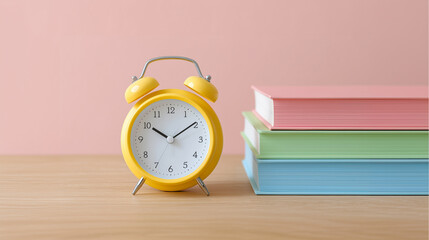 Yellow alarm clock with colorful textbooks for back to school time management