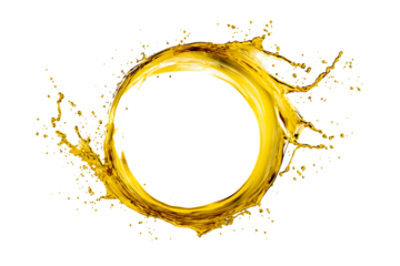 A dynamic splash of golden liquid forms a circle against a stark black background, perfect for abstract concepts.