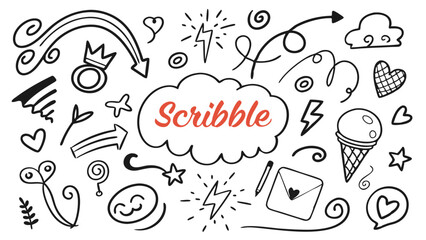 Hand-drawn vector doodle set with speech bubbles, arrows, and other fun sketch elements for school design