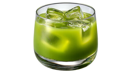 Refreshing green juice with ice cubes in a glass isolated on transparent background