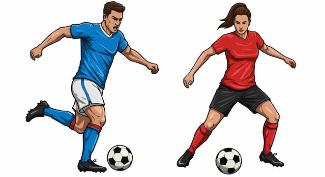 Male and female soccer players kicking ball – sports action illustration for football events or tournament promotion.