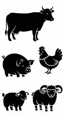 Obraz premium Farm Animal Silhouettes Collection — Cow, Pig, Chicken, Sheep, and Ram