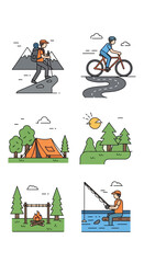 Naklejka premium Outdoor Adventure and Camping Activities Vector Set